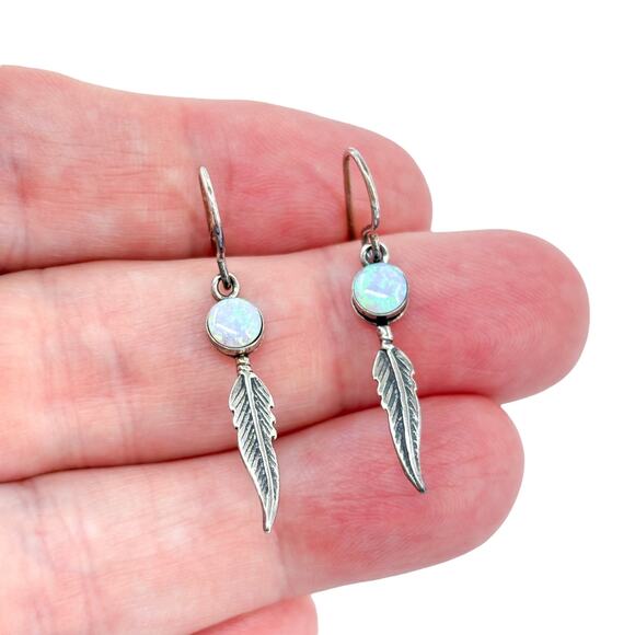 Vintage Southwest Sterling Silver 925 Blue Opal Feather Dangle Earrings - Picture 1 of 7